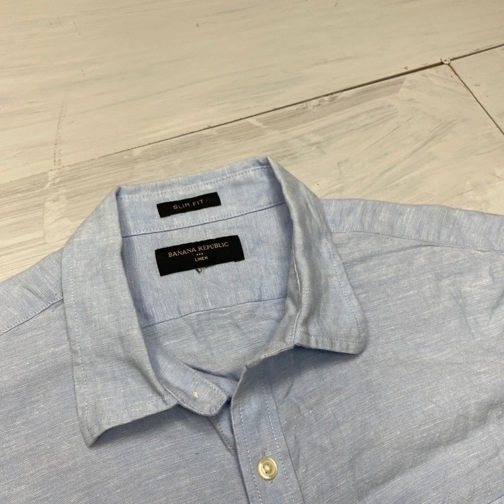 Banana Republic Linen Shirt Mens Large Blue Slim Fit Short Sleeve Button Down